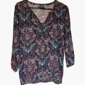 Lucky Brand Boho Top M Blue Purple Paisley Print 3/4 Sleeve Peasant Style Blouse
